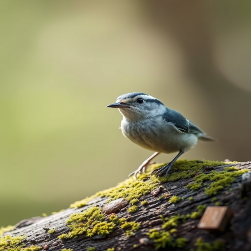 Capture a close-up of a nuthatch perched on a moss-covered log in soft natural light, using a Canon EOS R5 with an RF 100mm f/2.8L IS USM lens, aperture set to f/4, ISO 200, shutter speed 1/500s, with a shallow depth of field to emphasize the bird against a blurred background.
