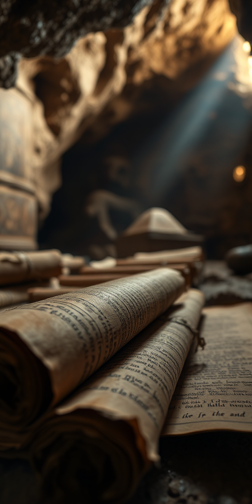 captured with a Canon EOS R5 at f/2.8, ISO 400, shutter speed 1/60 sec, wide-angle lens, low-angle view, soft natural lighting, focus on textured scrolls and ancient manuscripts in a dimly lit cave setting