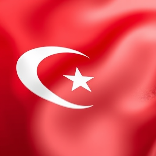 Create a high-resolution digital illustration of the Turkish flag with a glossy finish, captured using a DSLR camera at f/8 aperture, ISO 100, 1/200 second shutter speed, in a macro shot to highlight details with a soft focus background.