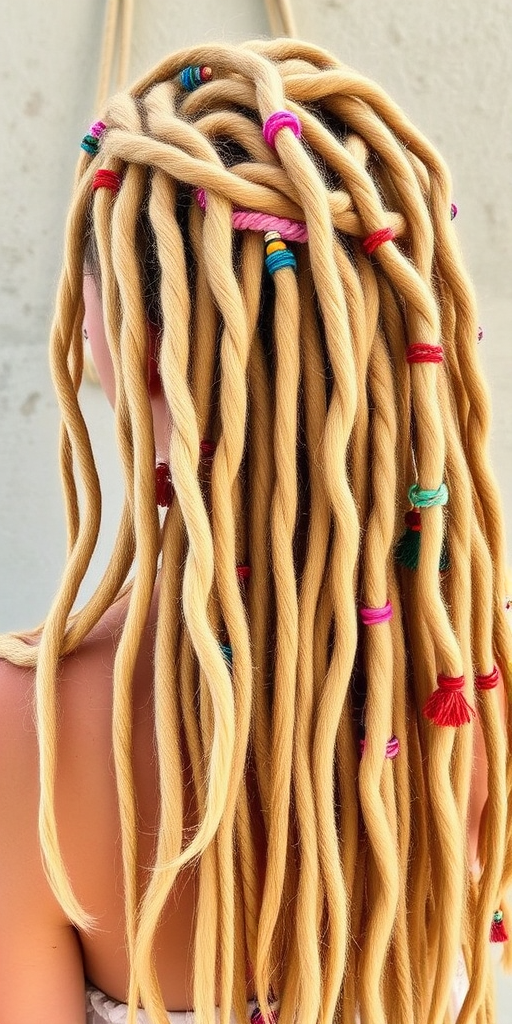 Boho-chic hair style showcasing sun-bleached blonde dreadlocks adorned with colorful threads and beads for a free-spirited look