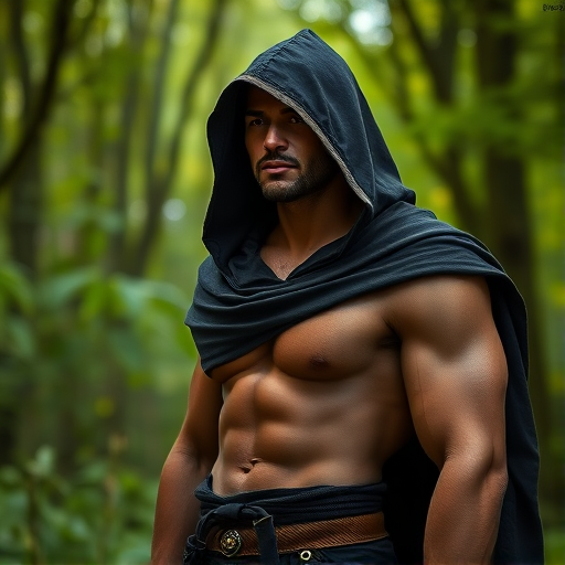 A muscular man in a dark hooded cloak with intricate details, standing in a lush green forest, captured with a Canon EOS R5, 85mm lens, f/1.4 aperture, ISO 100, natural lighting, shallow depth of field.