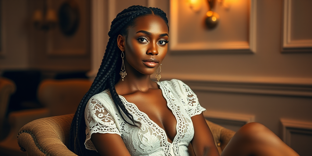 Create a portrait of a refined and elegant African American woman seated in a sophisticated setting. She has long, wavy hair styled in two thick braids that are pulled over her shoulders. She wears a white, lace gown with intricate patterns, featuring a deep V-neckline and short sleeves. The dress exudes a vintage charm with its delicate lacework. She is adorned with ornate, dangling earrings that add a touch of glamour to her appearance. The background is softly lit, with warm, ambient lighting that creates a cozy and inviting atmosphere. Her expression is poised and serene, capturing a sense of grace and elegance.