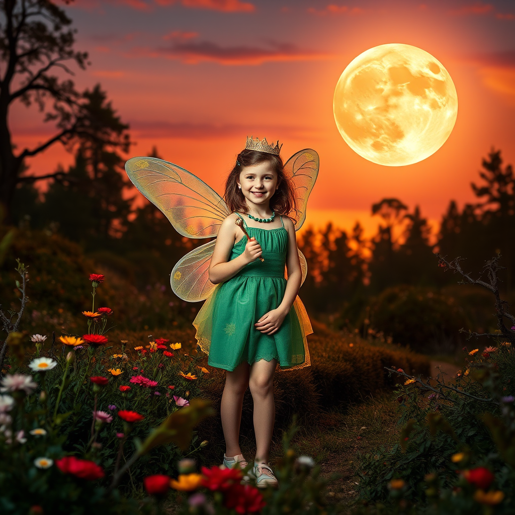 A vivid photo  taken under a bright camera flash of a fantastical scene set against a backdrop of a forest during sunset. The main subject is a girl dressed as a fairy, adorned with translucent wings and a green dress, holding a wand, her face is happy, and she wears a crown on her head. The forest behind her is a blend of flowers, shrubs and trees. The sky is painted in hues of orange and pink, with a large, glowing moon casting a warm glow over the scene. The overall color palette is dominated by earthy tones.