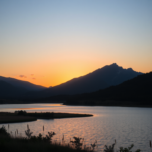 Create a high-resolution image of a scenic landscape featuring a sunset over a mountain range with a lake in the foreground, using a DSLR camera at f/8, ISO 100, 1/125 sec, shot from a low angle with a wide-angle lens at 24mm for depth and clarity.