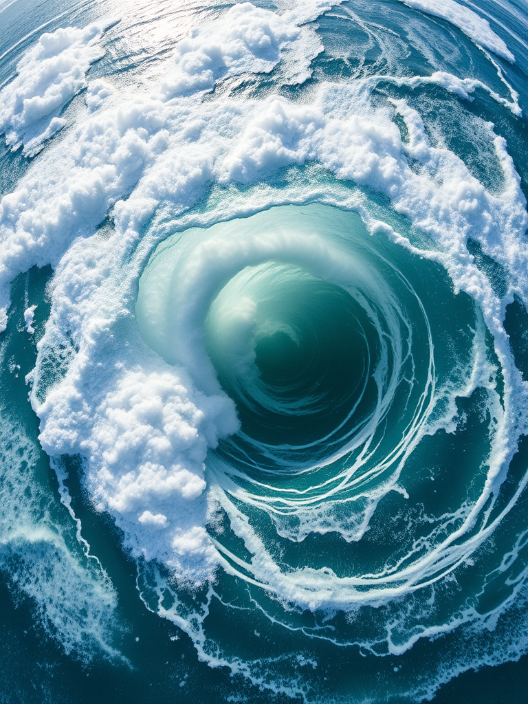 Create a high-resolution image of a swirling ocean vortex, capturing dynamic waves and clouds in a bright, serene atmosphere, using a wide-angle lens, f/8 aperture, ISO 100, and a shutter speed of 1/250 sec, shot with a DSLR camera from an aerial perspective.