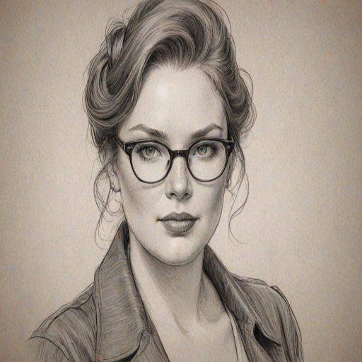 Exquisite Cassandra Clare, pencil sketch, portrait of Appealing woman 1943s in glasses, hair style beatnik, outline, clear lines, fine lines, 8k
