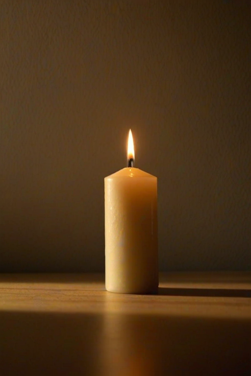 Softly focused image of a single candle flickering in the dark, soft golden light casting long shadows on the walls, with a sense of stillness and calm filling the air.