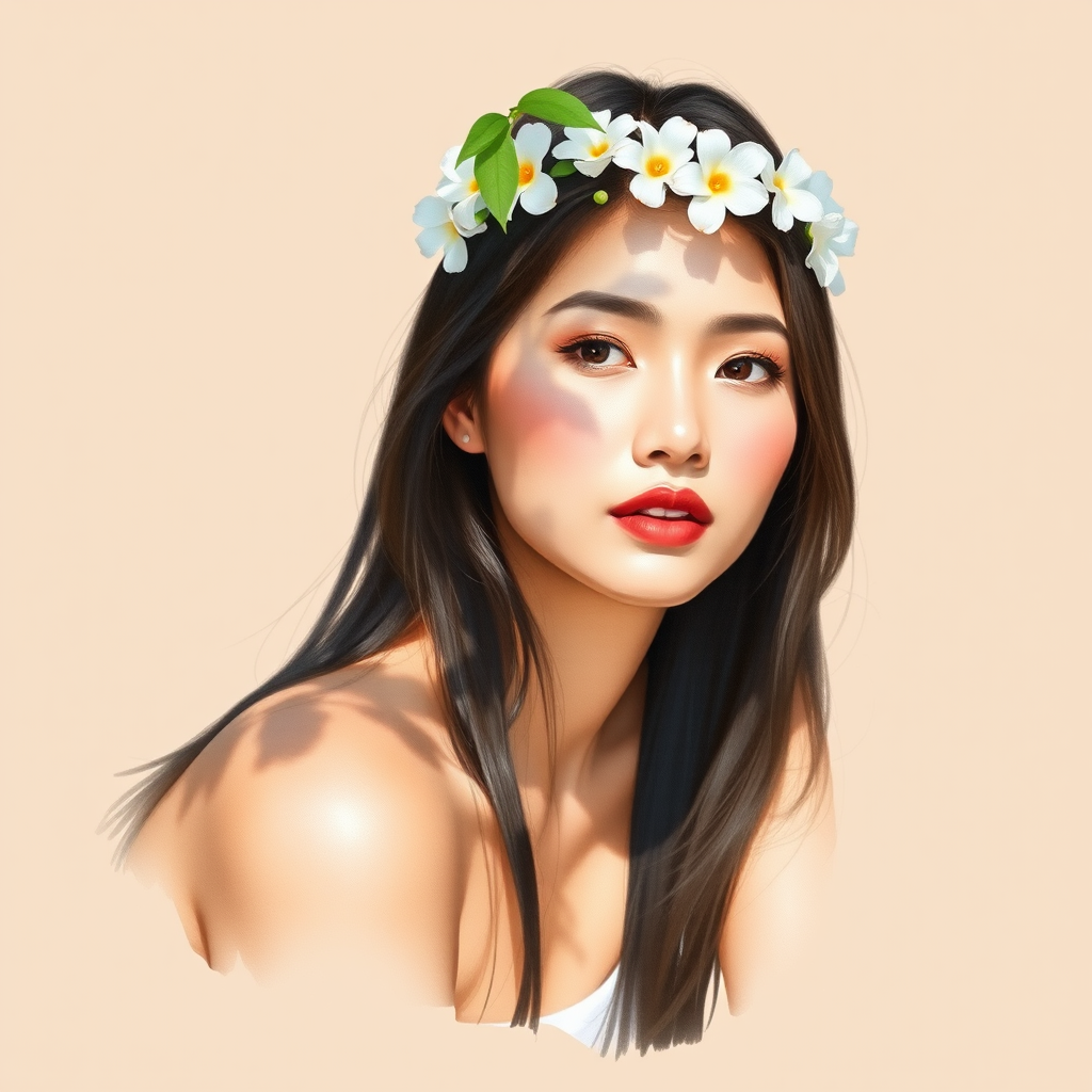create a watercolor painting of an ethereal portrait of beautiful Malay woman with a simple white flower crown on her head. Her hair is long and she is lying on the ground. The sunlight on the trees casts shadows from the leaves on her face and body. The background is a neutral brown color that matches her skin tone. The image is minimalist and solid colors. This style is characterized by soft, delicate brushstrokes and a light, airy, contrasting color palette. High level of detail and play of light