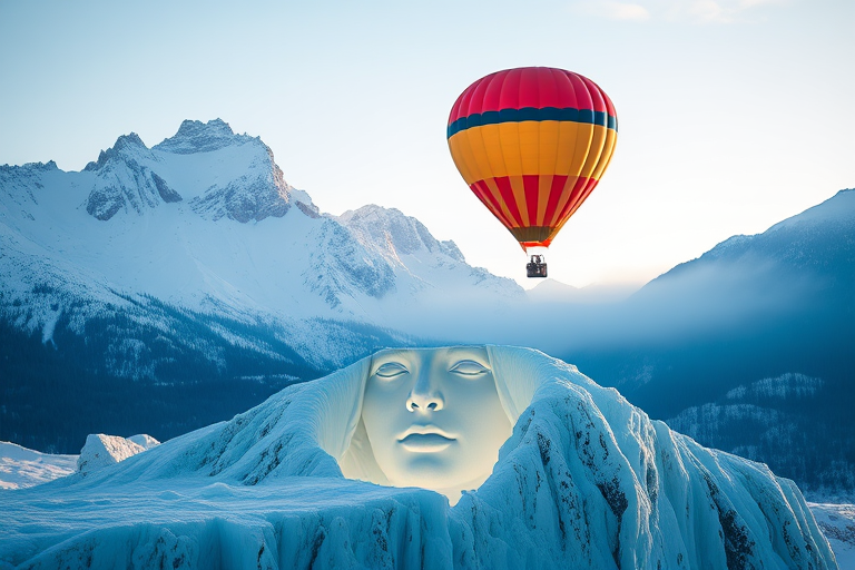 Create a high-resolution surreal landscape blending a snowy mountain backdrop with a serene face emerging from the ice, two vibrant hot air balloons floating in the sky, captured with a DSLR camera at f/8 aperture, ISO 100, 24mm lens, in soft natural light, using a wide-angle perspective.
