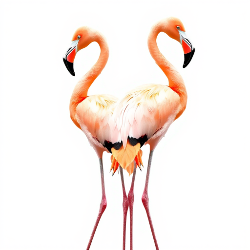Create a vector-style illustration of two pink flamingos standing back to back, with detailed feathers and shiny beaks, shot with a Canon EOS 5D Mark IV at f/4, ISO 100, 50mm lens, natural lighting, high-resolution, on a transparent background.