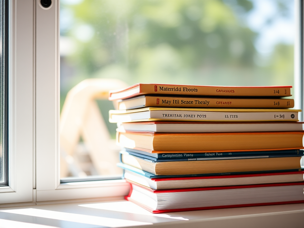capture a stack of neatly organized books through a window with natural light, f/2.8 aperture, 1/125 shutter speed, ISO 200, using a DSLR camera with a 50mm lens, in a bright and clear daytime setting