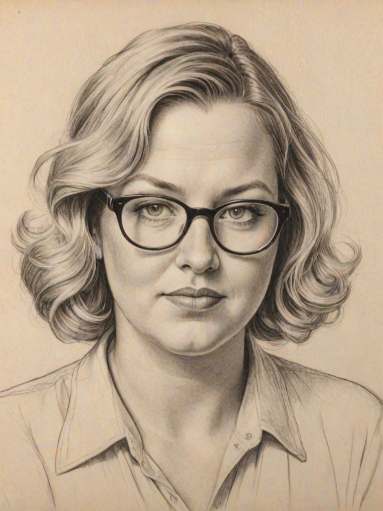 Wonderful Bridget Everett, pencil sketch, portrait of Fascinating woman 1933s in glasses, hair style beatnik, outline, clear lines, fine lines, 8k