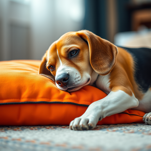 Regenerate an image of a beagle dog resting on a vibrant orange cushion, using a Canon EOS 5D Mark IV camera, 50mm lens, f/1.8 aperture, ISO 200, soft focus style, and natural lighting to enhance softness and warmth.