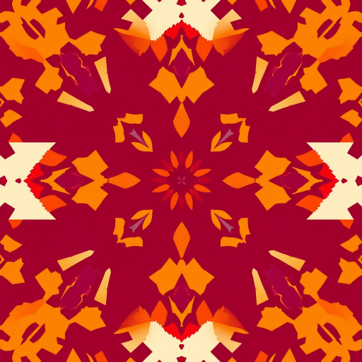 Create a vibrant tribal pattern with alternating geometric shapes in warm colors like coral, orange, and purple against a deep burgundy background, using a high-resolution DSLR camera with a 50mm lens, aperture set to f/8, ISO 100, and soft natural lighting for enhanced color depth and clarity.