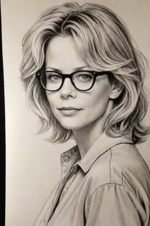 Splendid Meg Ryan, pencil sketch, portrait of Alluring woman 1946s in glasses, hair style beatnik, outline, clear lines, fine lines, 8k