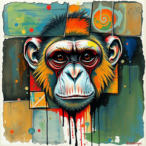 abstract watercolor painting with bold and deep brushstrokes. Thick impasto paint used. Dripping effect. Image breaking up into rectanguls shapes. Paint cracking. just a  smal;l pair of monkey's eyes starting to appear in the middle. The eyes are crying.  Coloured paint splattered around the edges. Geometric lines in background. swirly effect. peeling paint effect. raised rectangles. Dinghy Cream Look edge added in Topaz.