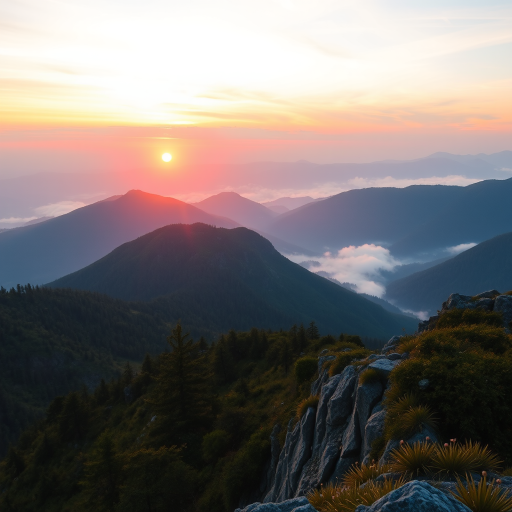 Create a highly detailed image of a serene mountain landscape during sunrise with mist rising from the valleys, using a DSLR camera with a 24mm lens, aperture set to f/11, ISO 100, and a shutter speed of 1/200 sec, shot from a high vantage point to capture the expansive view in vibrant colors and sharp clarity.