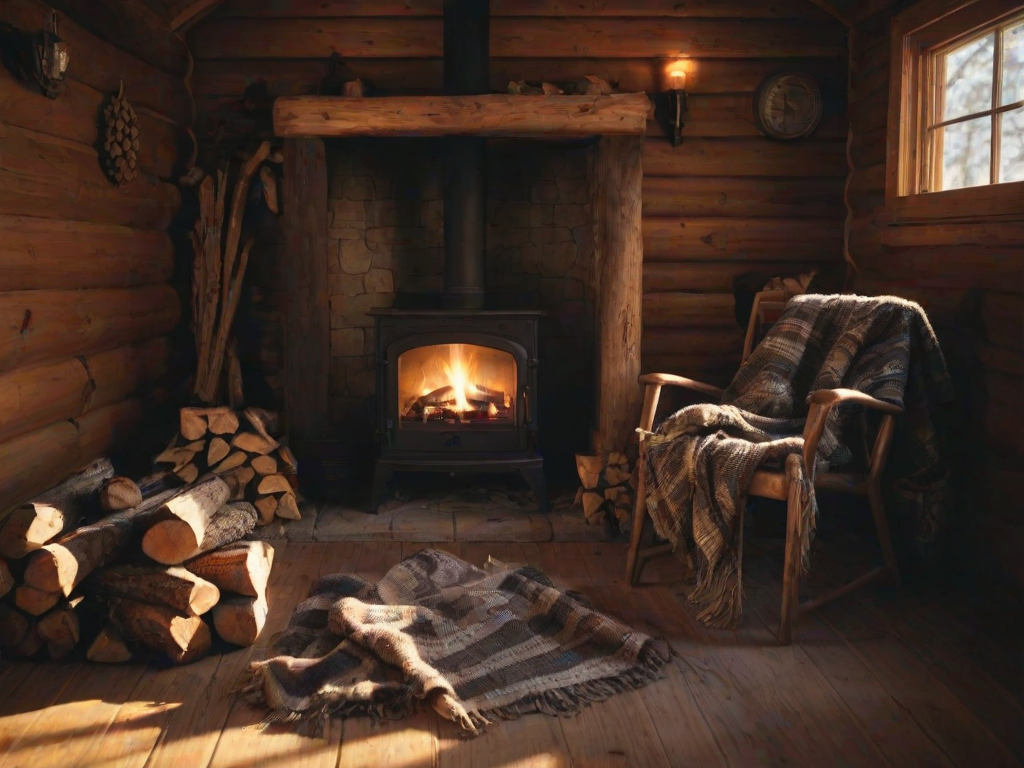 Warmly lit photo of a cozy fireplace in a rustic cabin, with soft light from the flames casting long shadows, and a stack of firewood and a woolen blanket draped over a nearby chair.