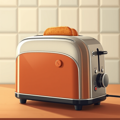 Create an illustration of a vintage toaster with a sleek design, captured at a 45-degree angle, using a Canon EOS R5, f/8 aperture, ISO 100, 1/125 sec shutter speed, with a soft focus background to enhance the toaster's details.
