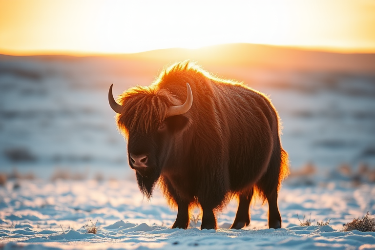 musk ox standing in a snowy landscape during golden hour, highly detailed fur, soft lighting, 50mm lens, f/1.8 aperture, ISO 200, shallow depth of field, DSLR camera, landscape orientation