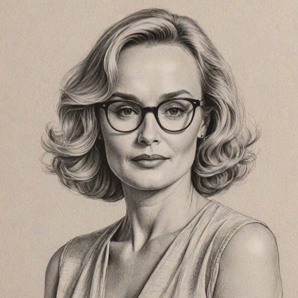 Comely Jessica Lange, pencil sketch, portrait of Exquisite woman 1973s in glasses, hair style beatnik, outline, clear lines, fine lines, 8k