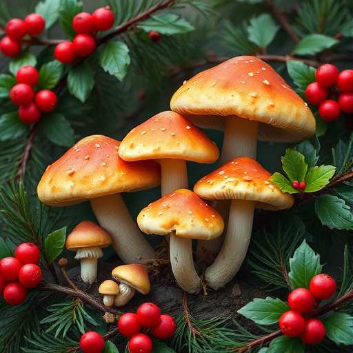 Create a high-resolution illustration of mushrooms surrounded by holly and pine branches, using a macro lens with an aperture of f/2.8, ISO 100, and a DSLR camera, capturing every detail in a vibrant and natural color palette.