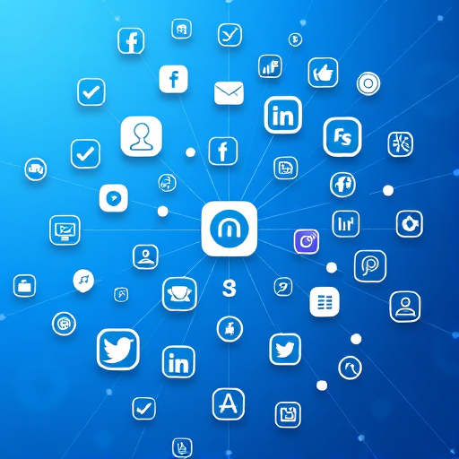 Create a high-resolution digital artwork of various communication and social media icons interconnected with lines, in a vibrant blue color scheme, captured with a Canon EOS 5D Mark IV at f/8, ISO 100, 50mm lens, in a top-down view with a soft gradient background for enhanced depth.