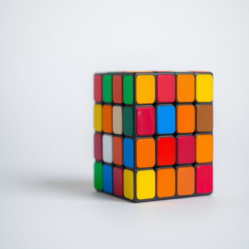 Create a high-resolution image of a Rubik's Cube against a plain background, using a Canon EOS R5 camera, 50mm lens, aperture f/2.8, ISO 100, and a shallow depth of field to enhance colors and details.