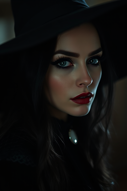 portrait of a gothic witch with dark hair and a black wide-brimmed hat, dramatic makeup, and sharp features, captured in low light, 50mm lens, f/1.8 aperture, ISO 200, shallow depth of field, soft focus background, high contrast, cinematic lighting