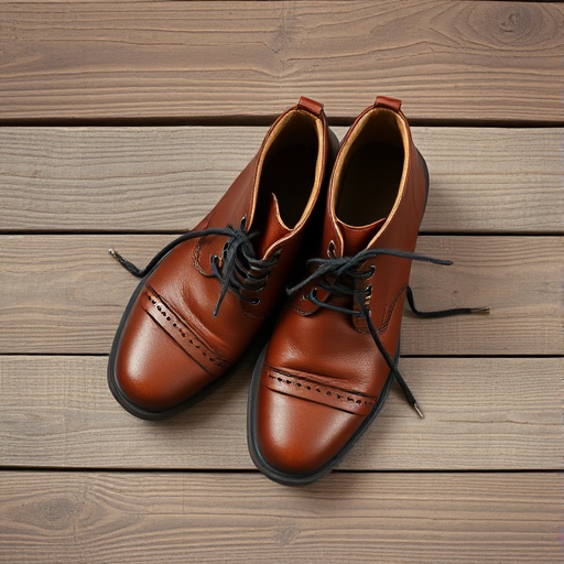 Photograph a pair of brown leather ankle boots resting on a wooden surface, shot with a DSLR camera, 50mm lens, aperture f/1.8, ISO 200, shallow depth of field, top-down view, natural lighting for enhanced detail and clarity.