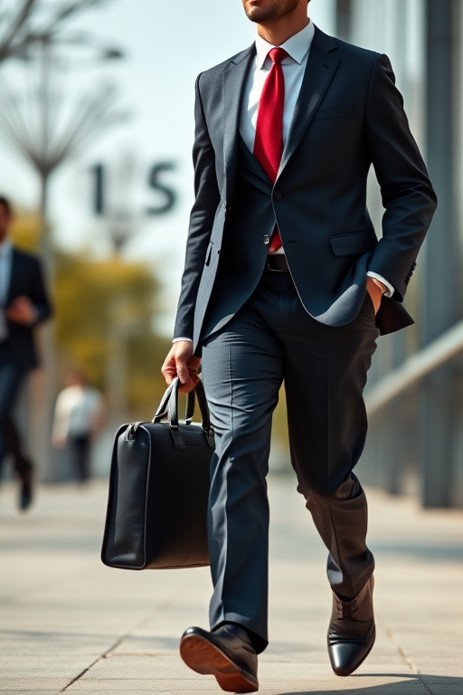 Create an image of a businessperson in mid-stride, wearing a suit with a red tie, holding a briefcase, captured with a 50mm lens at f/1.8, ISO 100, in natural light from a low angle, with a shallow depth of field to emphasize motion.