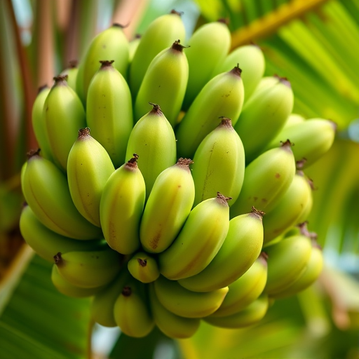 close-up of a bunch of green bananas on a tropical plant, natural light, 50mm lens, aperture f/2.8, ISO 100, shallow depth of field, DSLR camera, vibrant colors