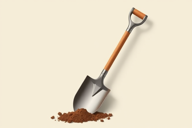 Create a highly detailed vector illustration of a shovel on a plain background, using a Canon EOS R5 camera with a 50mm lens, ISO 100, aperture f/8, and focal length 50mm to enhance clarity and depth.