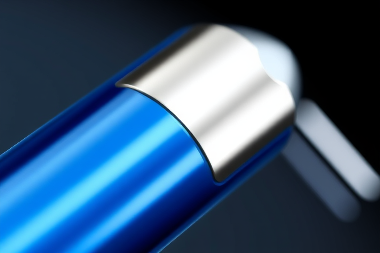 Create a high-resolution digital illustration of a sleek blue pen with a shiny finish, captured in a close-up view, using a DSLR camera with a 50mm lens, aperture set to f/1.8 for a shallow depth of field, and a soft lighting setup to enhance reflections and details.
