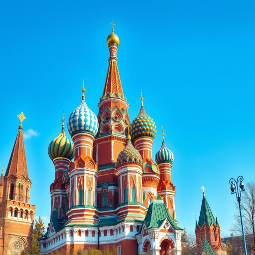 Generate a vibrant illustration of St. Basil's Cathedral in Moscow, capturing the ornate domes and colorful architecture with a clear blue sky backdrop, using a Canon EOS R5 camera, 24mm lens, f/8 aperture, ISO 100, and a soft focus effect to enhance the dreamlike quality.