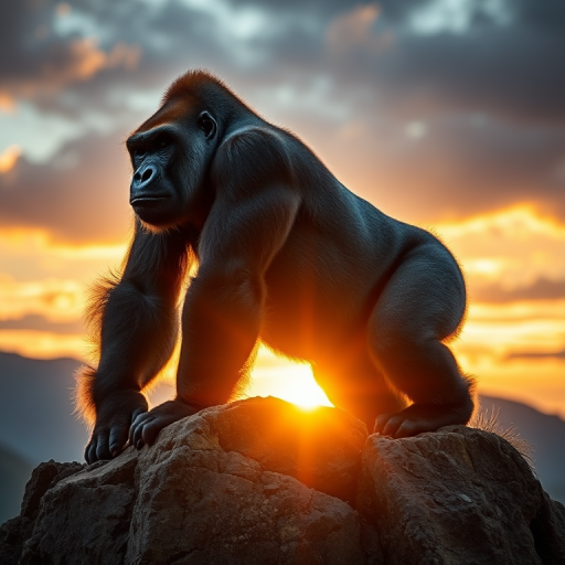 A powerful gorilla perched on a rocky outcrop during sunset, showcasing strong musculature and dramatic lighting, taken with a Canon EOS R5, 85mm lens, f/1.8, ISO 100, with a cinematic perspective and high dynamic range for enhanced details.