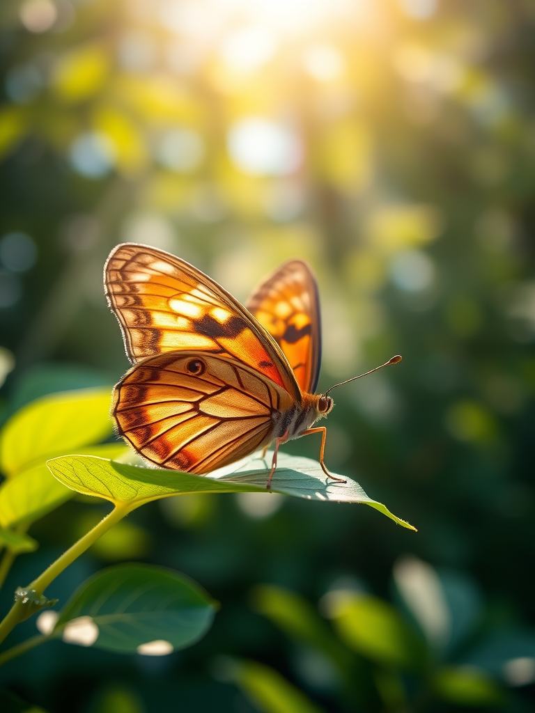 Generate an image of a butterfly perched on a green leaf, surrounded by soft sunlight filtering through the foliage. The butterfly should have intricate patterns on its wings with shades of orange and brown, showcasing its delicate beauty in a natural setting. The background should be slightly blurred to emphasize the butterfly and give a serene, peaceful atmosphere.