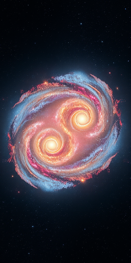 A stunning cosmic landscape featuring two spiraling galaxies merging, seen from space, with vibrant colors and intricate details; captured with a Canon EOS R5, 24mm lens, f/2.8 aperture, ISO 100, 1/100 sec exposure, in a wide-angle view.