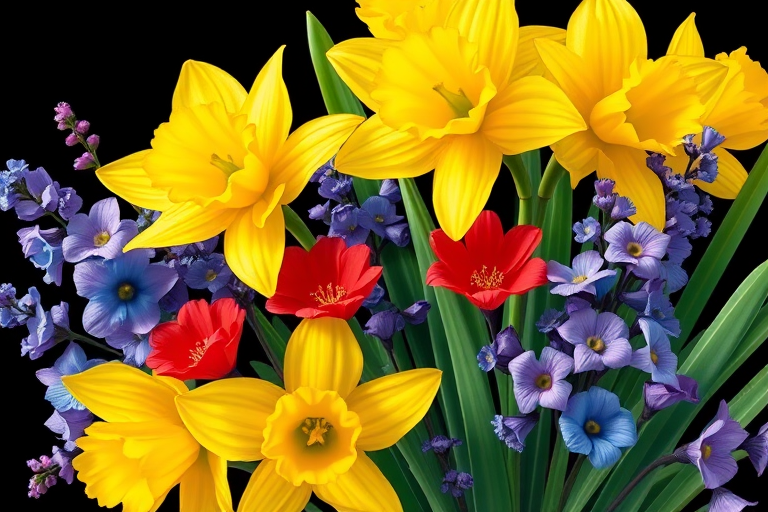 Create a vibrant illustration of a bouquet featuring yellow daffodils, red and blue flowers, and purple blossoms against a black background, using a macro lens at f/2.8 for a shallow depth of field, capturing bright colors and sharp details, with a digital illustration style for enhanced quality.
