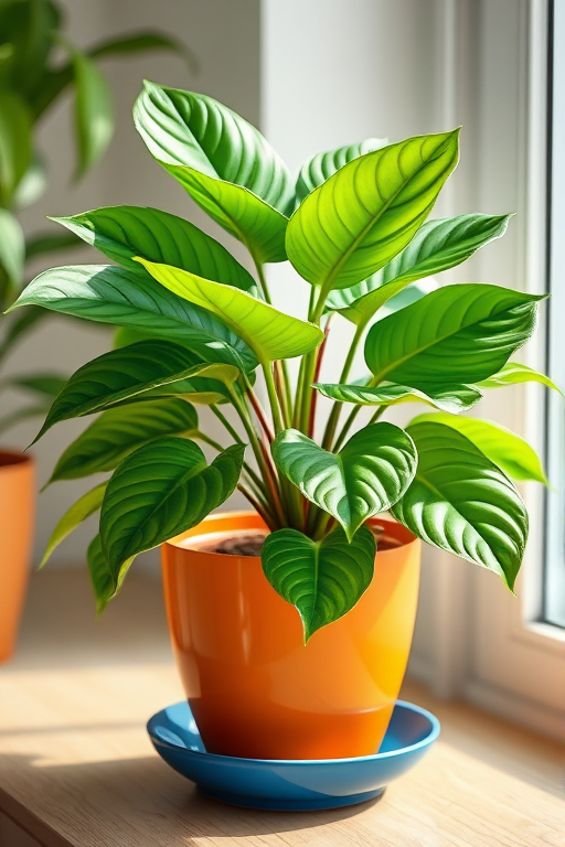 Create a highly detailed digital illustration of a vibrant green potted plant with large, glossy leaves in an orange pot on a blue saucer, captured with a 50mm lens at f/2.8, in soft natural light, with a slight depth of field to enhance focus on the plant while softly blurring the background.