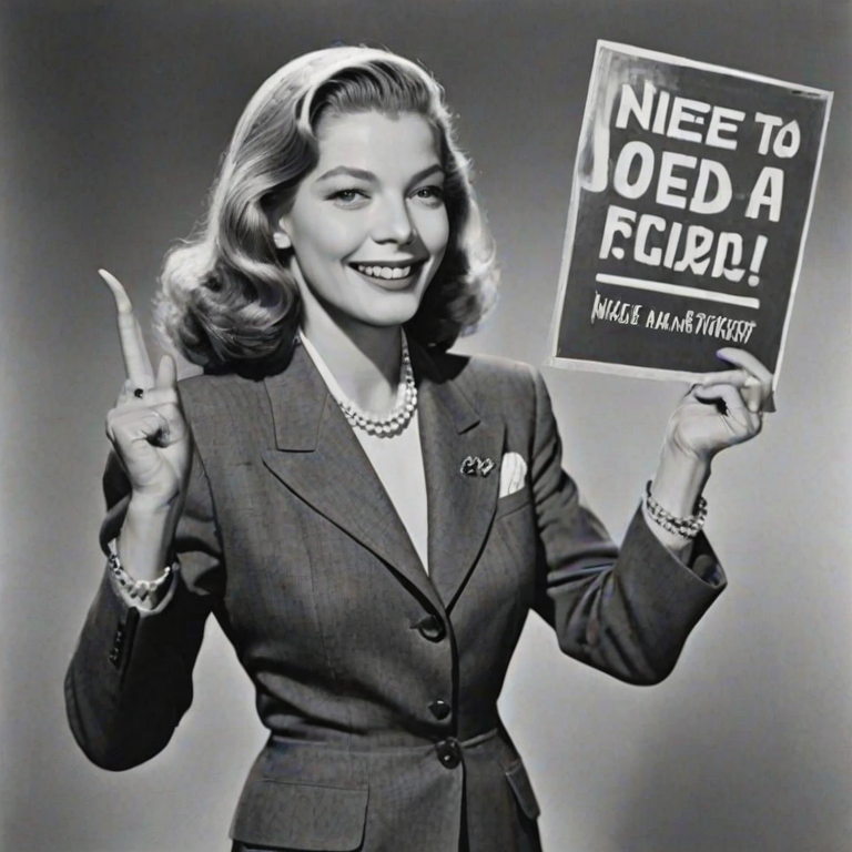 caricature of a smiling Lauren Bacall in a Vivid dress or suit, holding up a sign that says "NEED A JOB", no watermark,