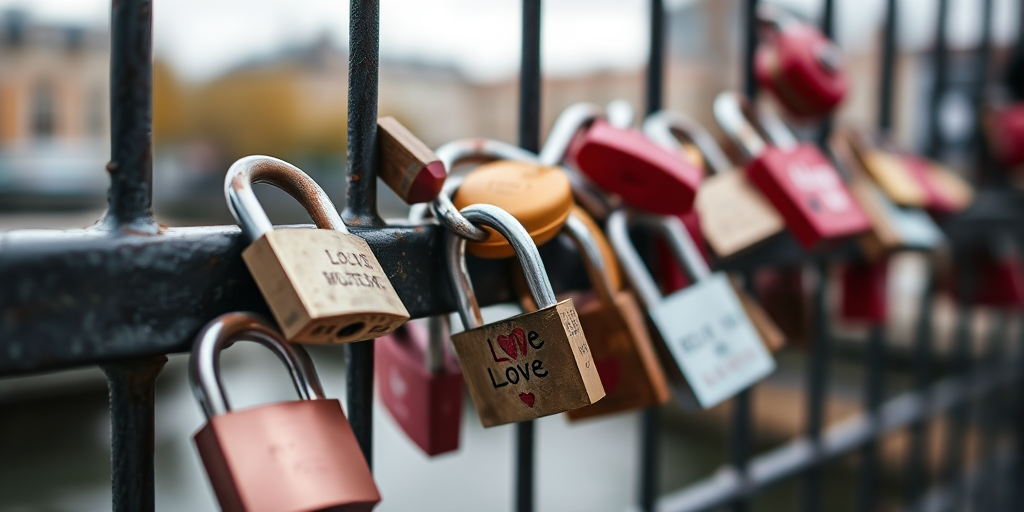 Close-up shot of love padlocks on a metal fence, shallow depth of field, aperture f/2.8, ISO 100, 50mm lens, natural light, DSLR camera, focus on the textures and details of the padlocks with a blurred background.
