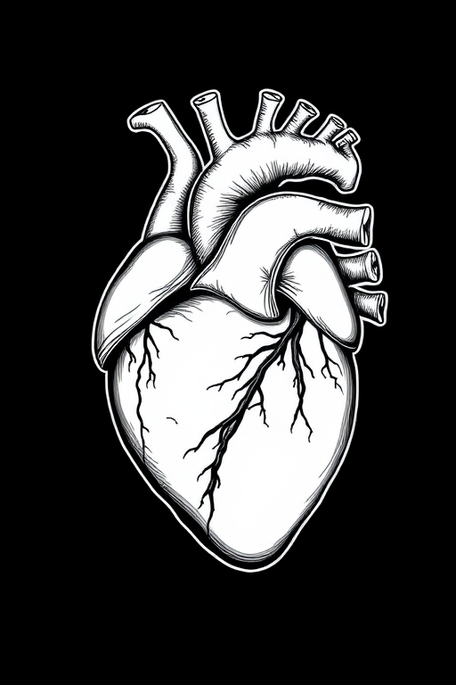 detailed anatomical illustration of a human heart, line art style, high contrast black and white, ISO 100, f/8 aperture, 50mm lens, centered composition, soft lighting for enhanced texture