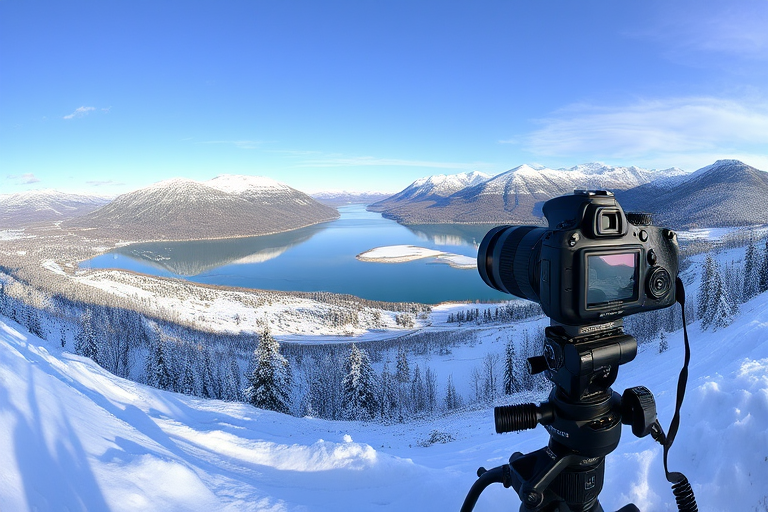 Capture a panoramic view of a snowy landscape with a lake and mountains in the background, using a DSLR camera set to ISO 100, aperture f/8, shutter speed 1/250s, focal length 24mm, in natural light for enhanced clarity and detail.