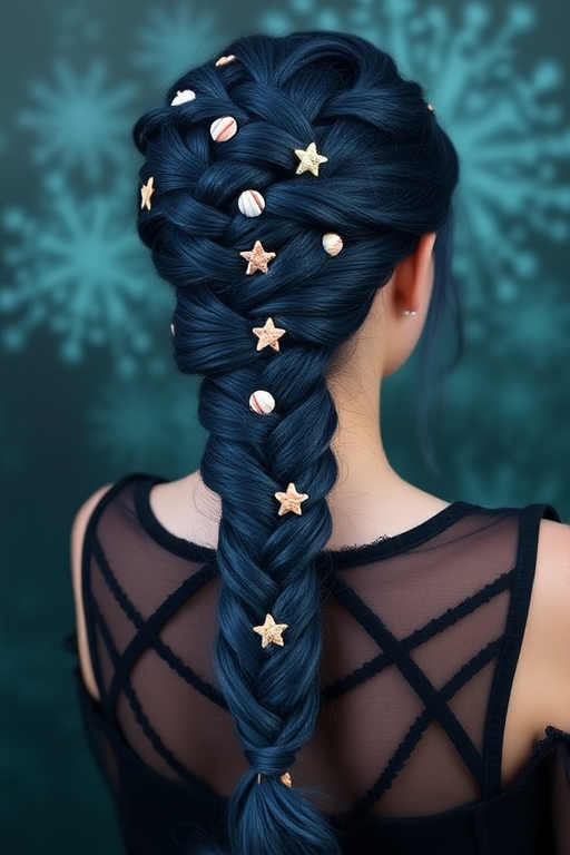Bewitching Midnight Blue Mermaid Braid styled into an intricate fishtail plait, adorned with tiny seashells and starfish-shaped clips for an enchanting underwater-inspired look
