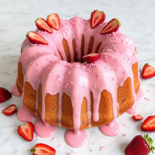 A beautifully decorated bundt cake with a pink strawberry glaze dripping down the sides adorned with dried strawberry slices and pink sprinkles on a marble surface with scattered strawberry pieces around it.
