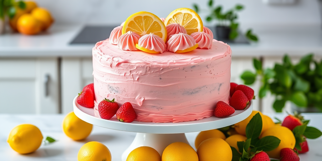 A beautifully decorated cake with pink and yellow frosting topped with lemon slices and swirls, placed on a white cake stand surrounded by fresh strawberries and lemons, set against a light kitchen background with greenery.