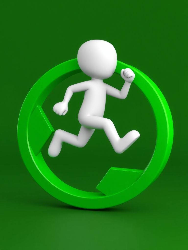 Create a high-resolution 3D render of a white stick figure running inside a circular green recycling symbol, using a DSLR camera with a 50mm lens, aperture set to f/2.8, shutter speed 1/250s, ISO 100, in a soft focus style to enhance the image quality.