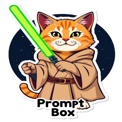 Sticker design, content cat wearing a Jedi robe and holding green lightsaber, promoting a message with the words "Prompt Box", flat bright colors, isolated on a white background, illustration