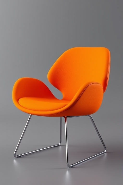 Create a high-resolution 3D rendering of a modern orange chair with sleek metal legs, using a DSLR camera with an aperture of f/2.8, shutter speed of 1/100 sec, ISO 200, in a well-lit studio environment, captured from a slightly elevated angle to emphasize depth and texture.